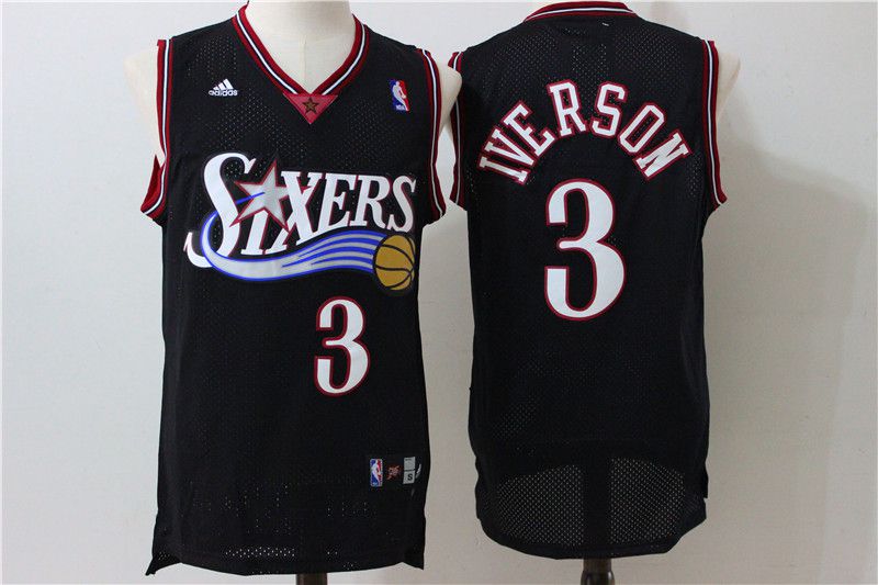 Men Philadelphia 76ers 3 Iverson Black Throwback Adidas NBA Jersey